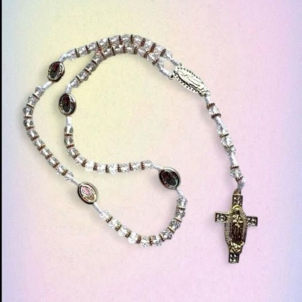 white and gold rosary necklace